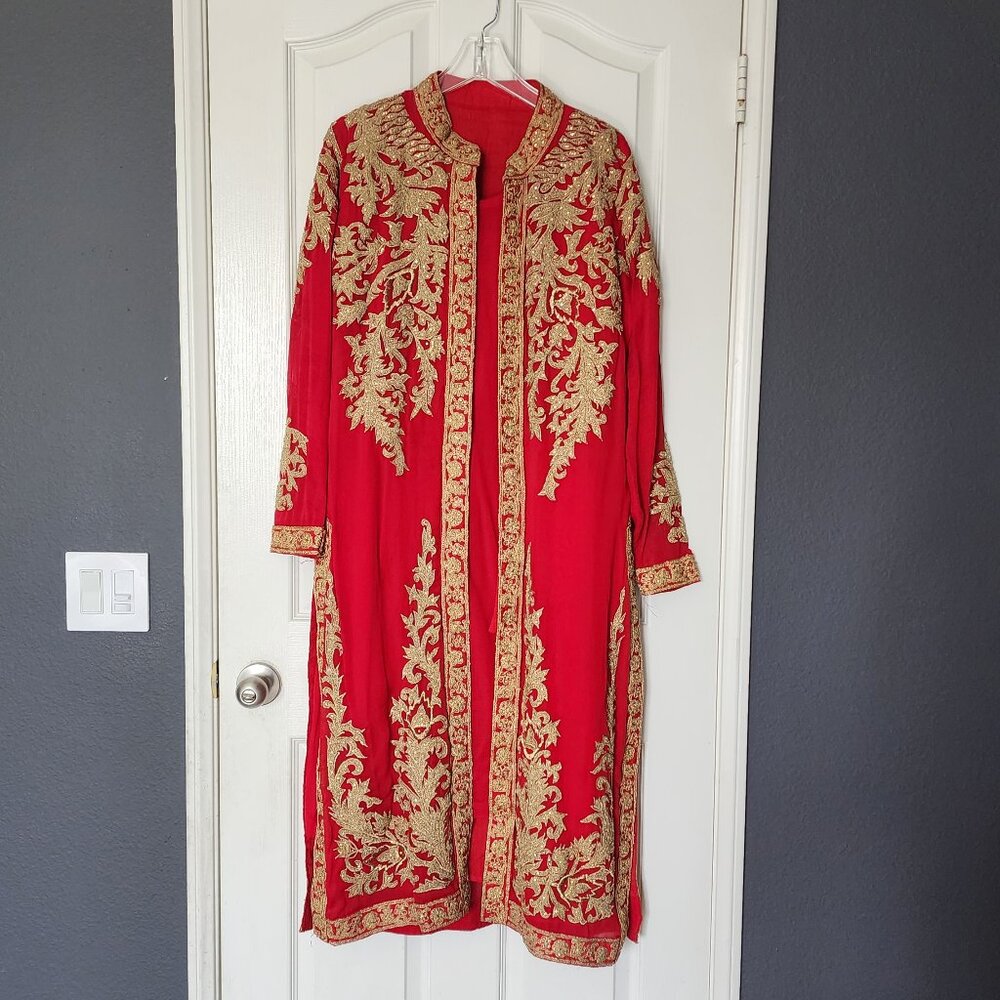 Red & Gold Embroidered Jacket Style Kurta Set with Lace Sharara & Dupatta